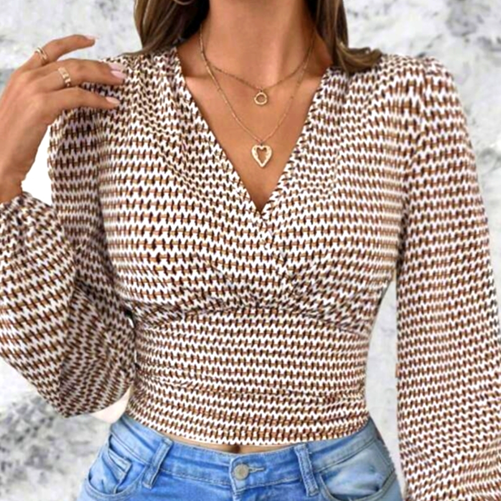 Bohemian Blouse Brown White Houndstooth Print Lantern Long Sleeve Fall Top - Picture 3 of 10
